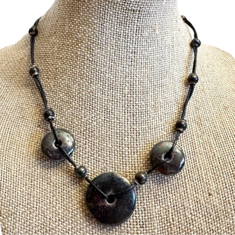 Sterling Silver Round Puffer Circle Discs Leather Cord Necklace Made in Italy - Picture 2 of 16